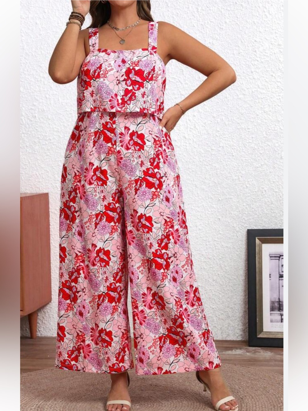SHEIN Pink Floral Wide-Leg Jumpsuit Sleeveless Back Zip Size 2XL